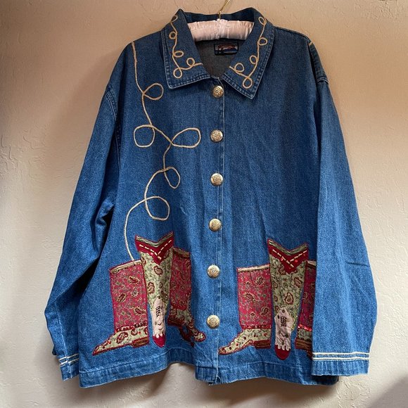 Vintage Shaver Lake Denim Jacket Blue Cowgirl Boots Patchwork Embroidered Beads